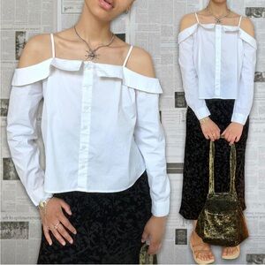 White Off the Shoulder Collared Button Up Shirt